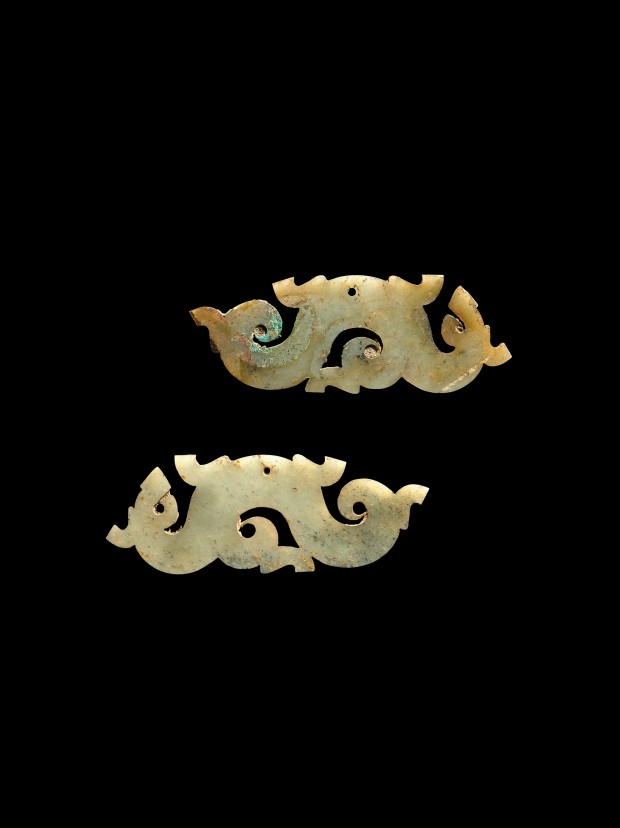 A PAIR OF ARCHAIC JADE SILHOUETTE DRAGON PENDANTS