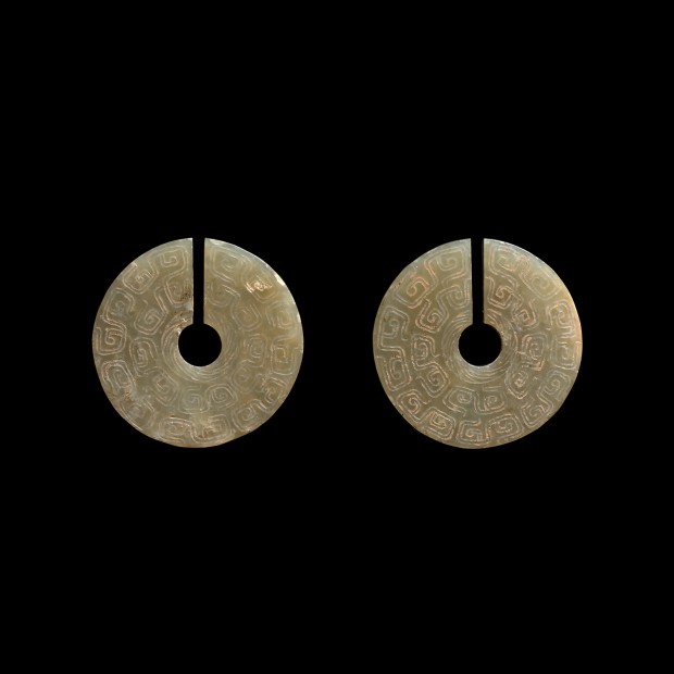 A PAIR OF ARCHAIC JADE SLIT DISCS (JUE)